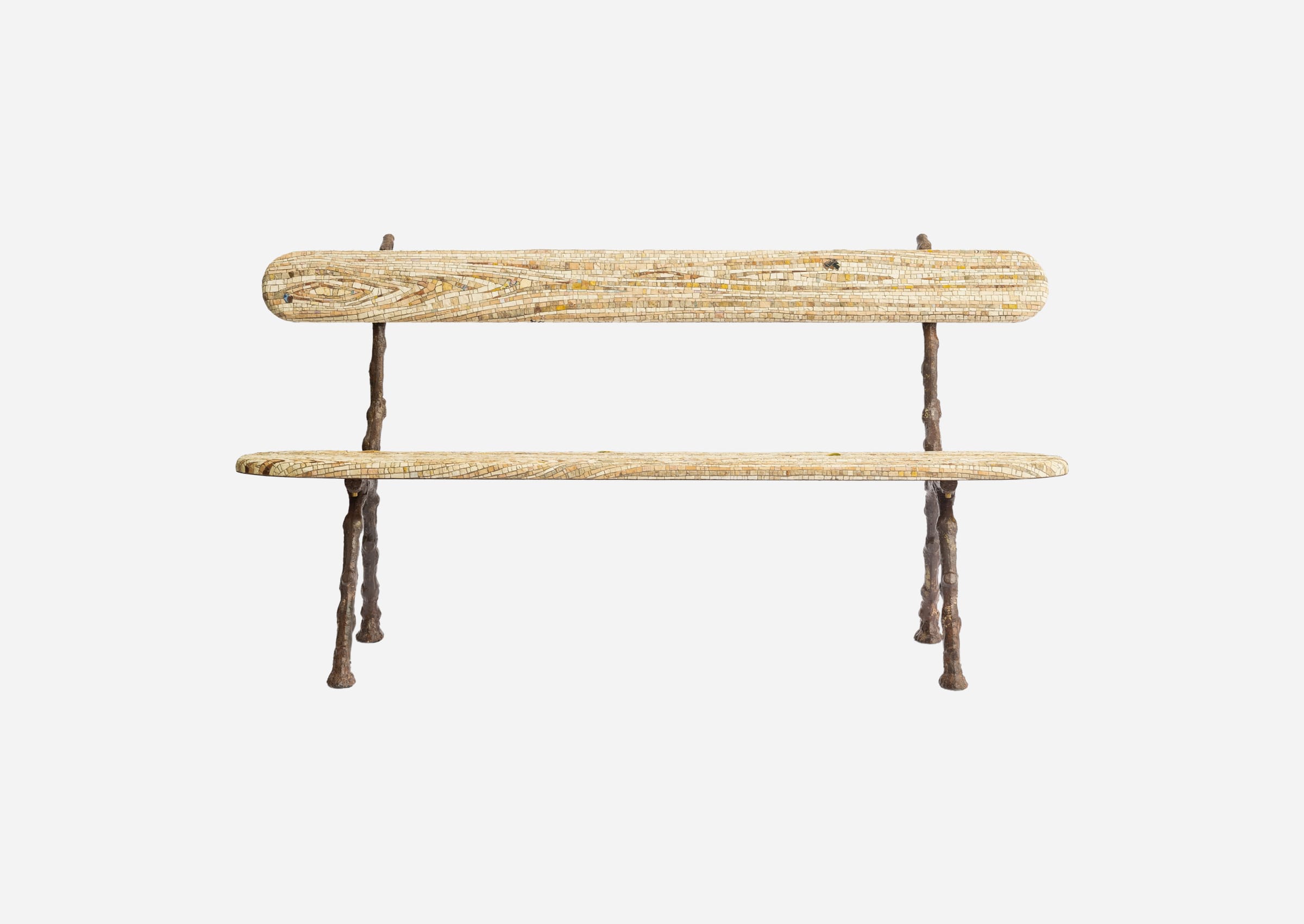 Panchina Bianca, designed by Yukiko Nagai, is a striking bench that fuses an antique iron frame with a beautifully crafted mosaic seat and backrest. The intricate arrangement of marble and stone tiles mimics the natural elegance of wood grain, offering a refined yet organic aesthetic. Nagai's vision emphasizes the innovative use of materials, focusing exclusively on marble and stone to create a surprising tactile and visual experience.